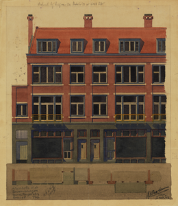 214301 Opstanden van de voorgevel van het ontwerp voor een blok van vier winkels met bovenwoningen (Burgemeester ...